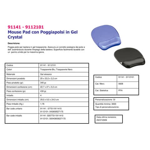 Tappetino mouse con poggiapolsi FELLOWES Crystal™ Gel nero 20,2 x 23,5 x 2,5 cm - 9112101